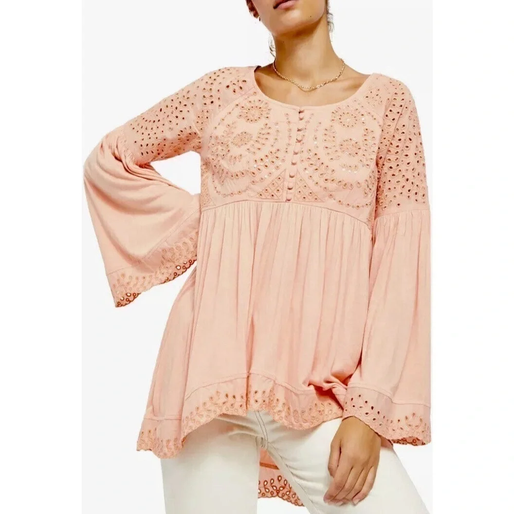Free People Sea Of Love Top Eyelet Embroidered Fell Sleeve High Low Medium
